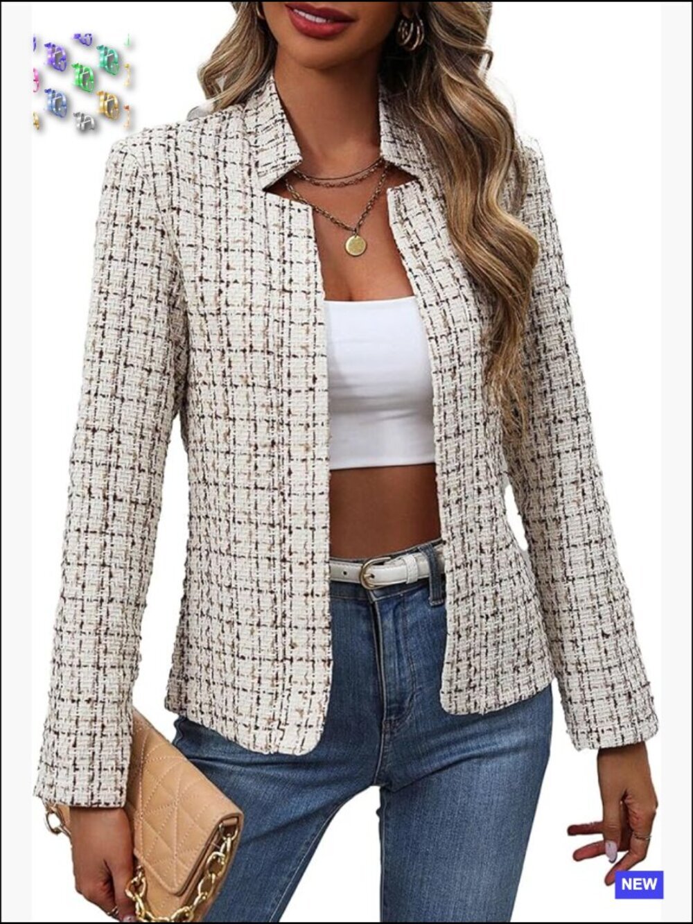 Lightweight Tweed Blazer Open Front Plaid Notch Collar Slim Fit Business Casual